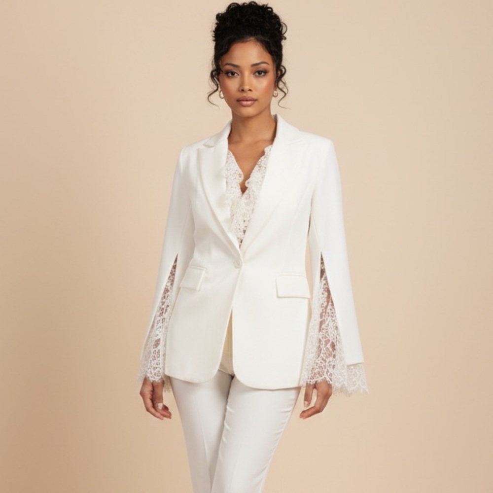 FENDAS White Pantsuit w Lace Design Trim 34/XS
